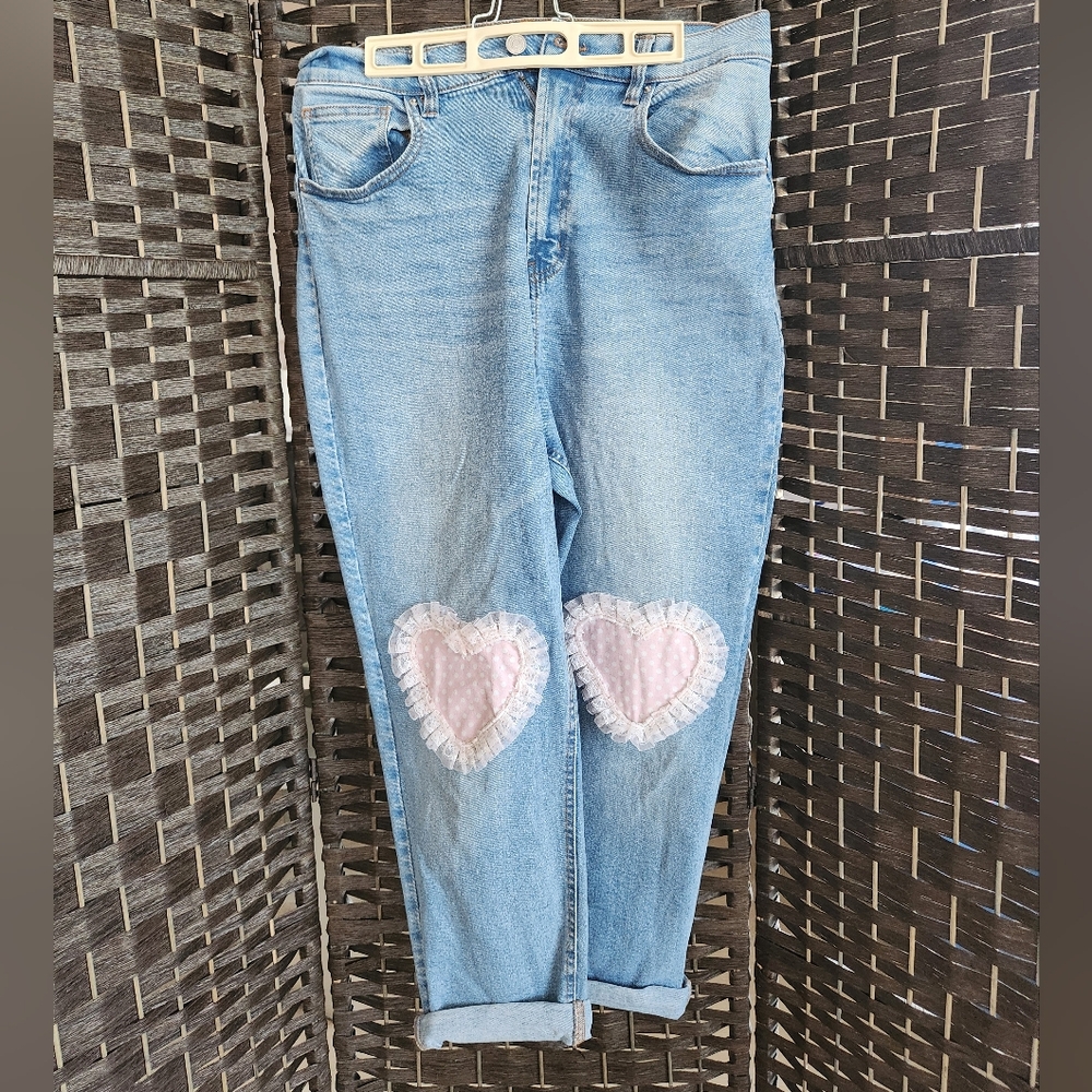DiY Light Blue Jeans with Pink Heart Patches On Knees